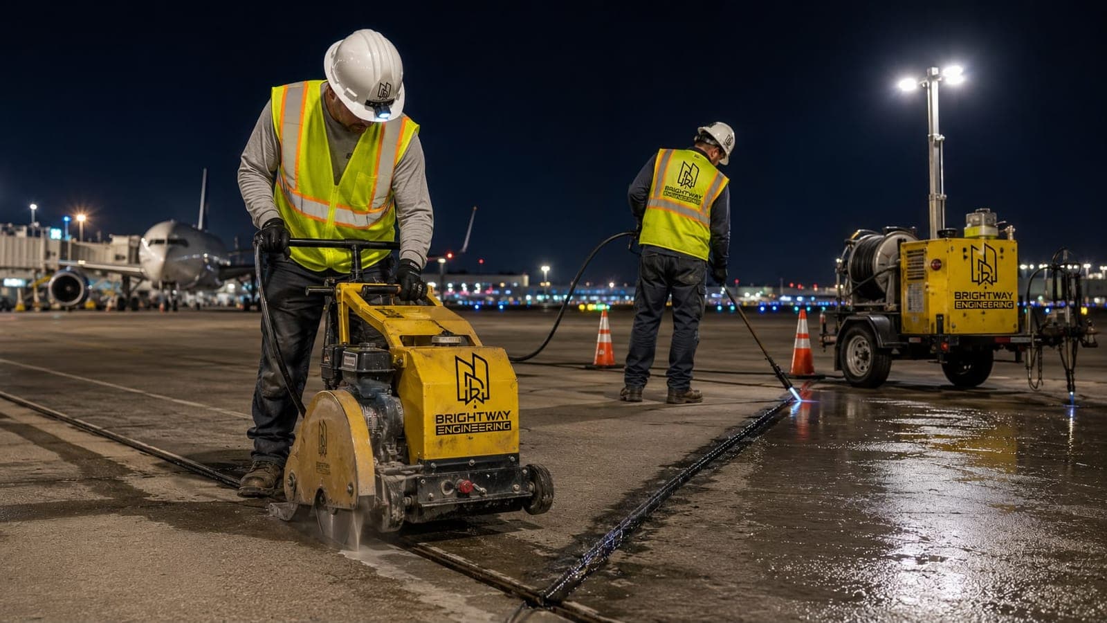 Brightway crew saw cutting an airport taxiway at night, aircraft in the background