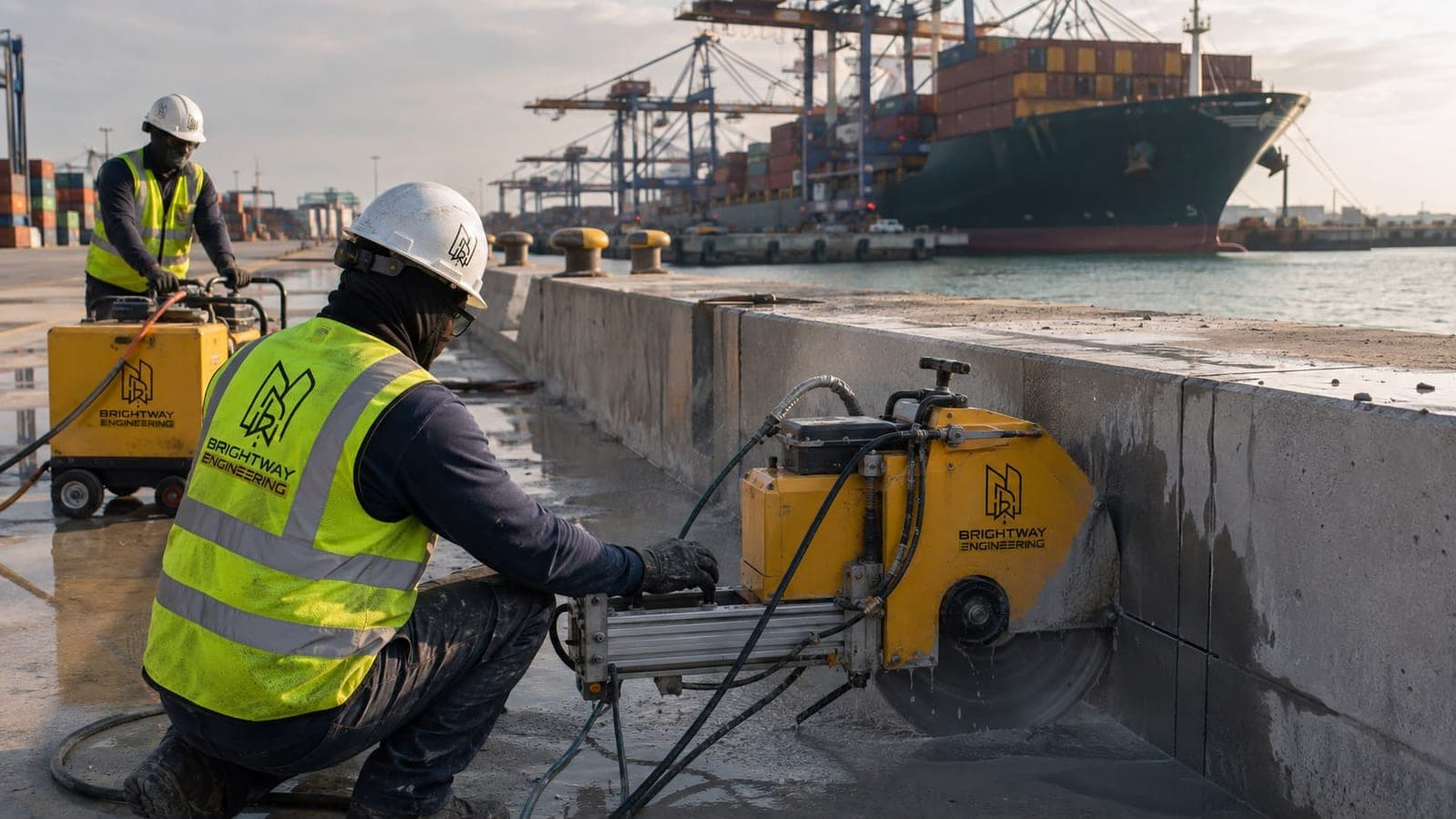 Brightway crew performing specialty wall cutting at Port Everglades, container ship in the background
